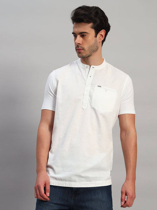 Men's Solid White Mandarin Collar Half Sleeve Kurta