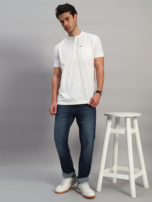 Men's Solid White Mandarin Collar Half Sleeve Kurta