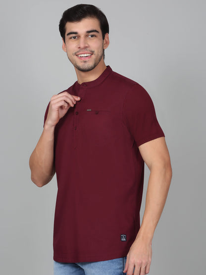 Men's Solid Wine Mandarin Collar Regular Fit Half Sleeves Kurta