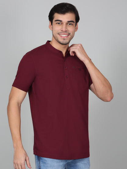 Men's Solid Wine Mandarin Collar Regular Fit Half Sleeves Kurta