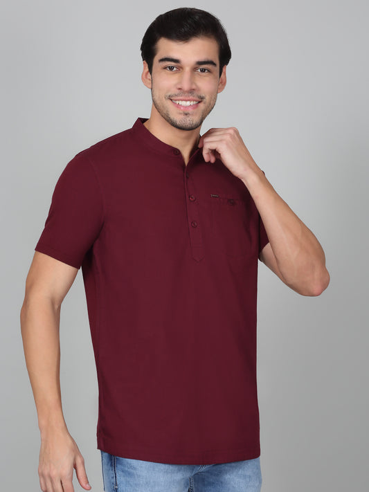 Men's Solid Wine Mandarin Collar Regular Fit Half Sleeves Kurta