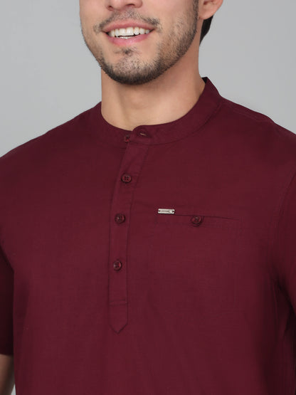 Men's Solid Wine Mandarin Collar Regular Fit Half Sleeves Kurta