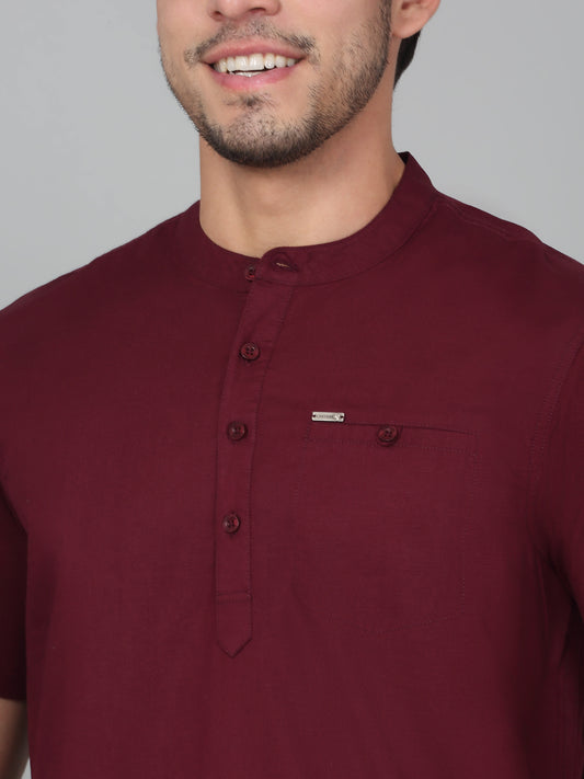 Men's Solid Wine Mandarin Collar Regular Fit Half Sleeves Kurta