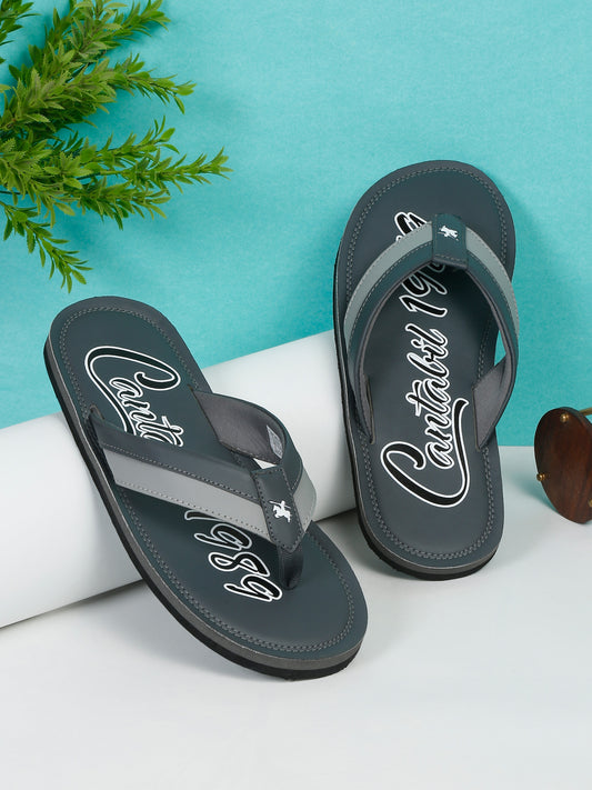 Men Grey Typography Printed Thong Strap Slipper