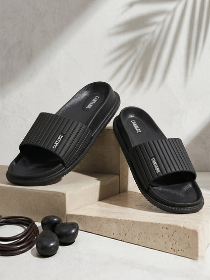 Men's Black Solid Casual Sliders
