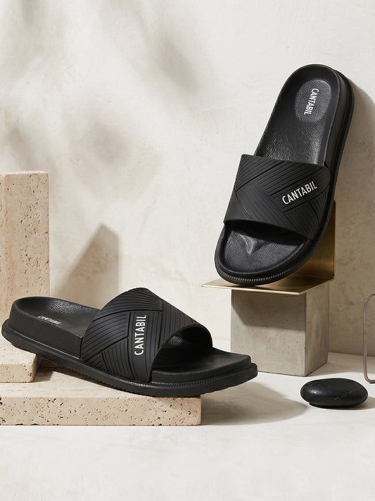 Men's Black Solid Casual Slider