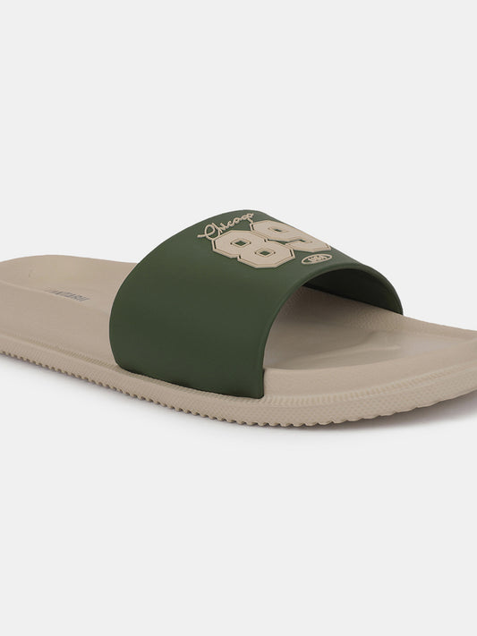 Men's Beige & Green Solid Sliders