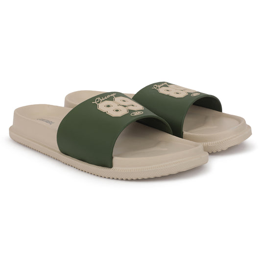 Men's Beige & Green Solid Sliders