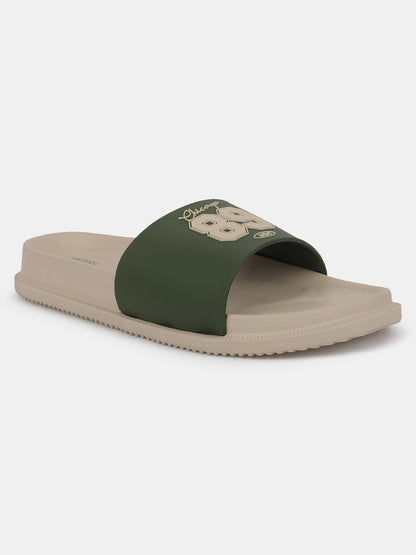 Men's Beige & Green Solid Sliders