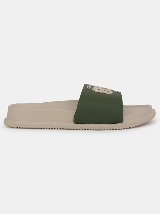 Men's Beige & Green Solid Sliders