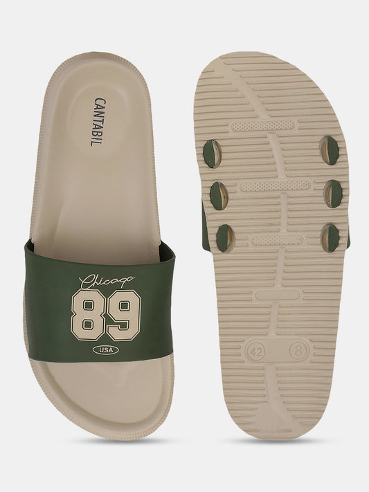 Men's Beige & Green Solid Sliders