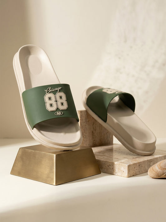 Men's Beige & Green Solid Sliders
