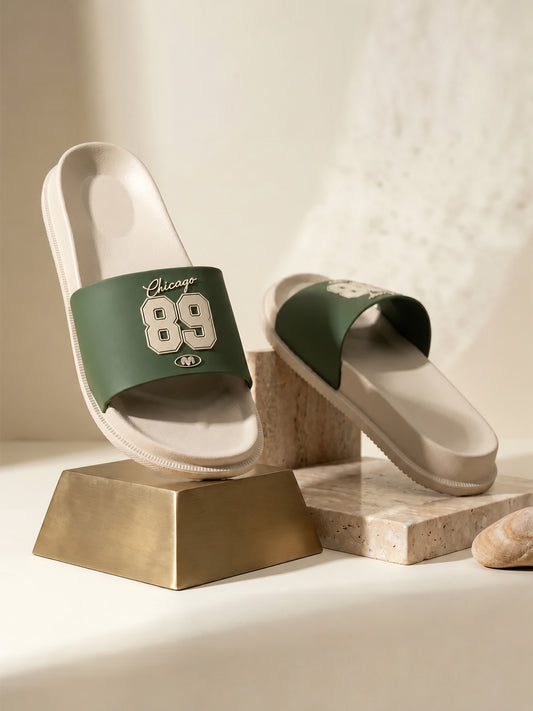 Men's Beige & Green Solid Sliders