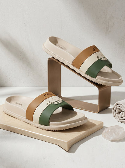 Men's Beige Solid Sliders