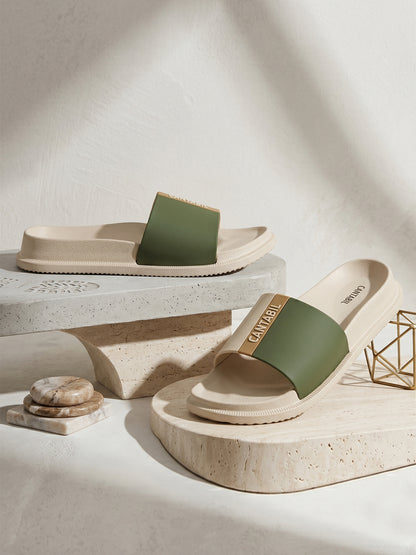 Men's Beige Solid Sliders