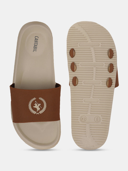 Men's Beige Solid Sliders