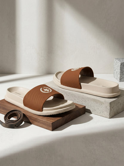 Men's Beige Solid Sliders