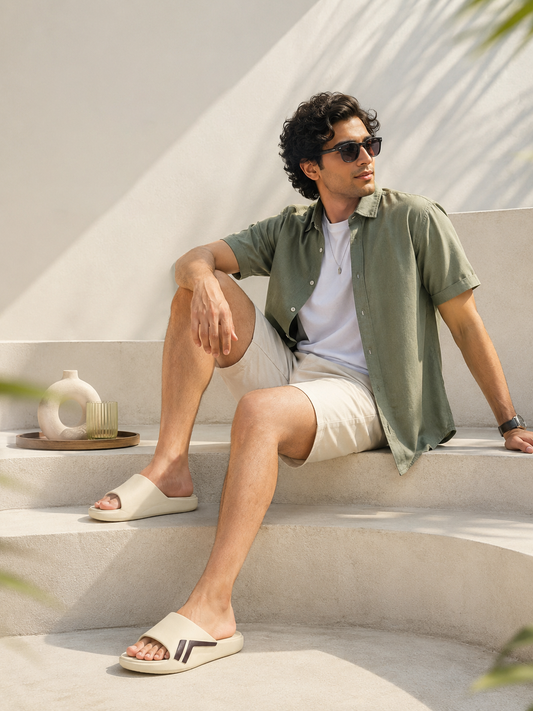 Beige Colourblock Casual Slides for Men