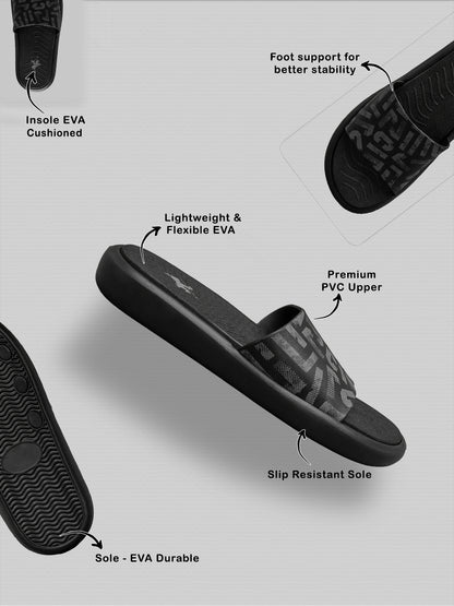 Men's Black Printed Sliders