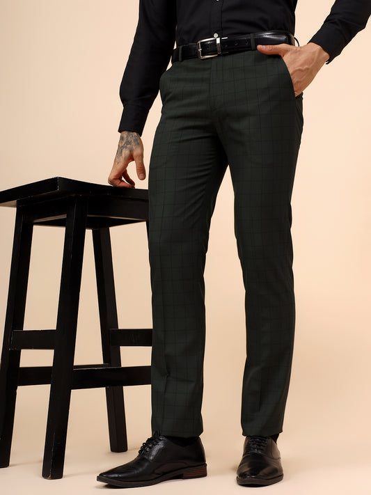 Men's Dark Green Checkered Non Plated Regular Fit Formal Trouser