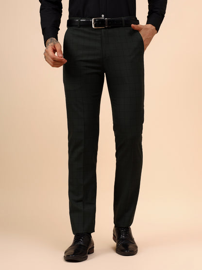 Men's Dark Green Checkered Non Plated Regular Fit Formal Trouser
