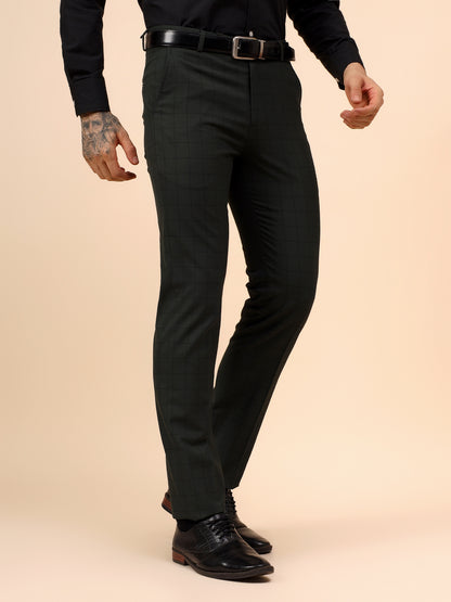 Men's Dark Green Checkered Non Plated Regular Fit Formal Trouser