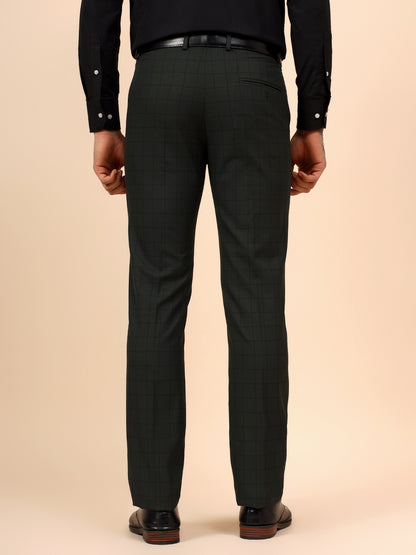 Men's Dark Green Checkered Non Plated Regular Fit Formal Trouser