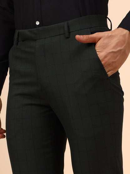 Men's Dark Green Checkered Non Plated Regular Fit Formal Trouser