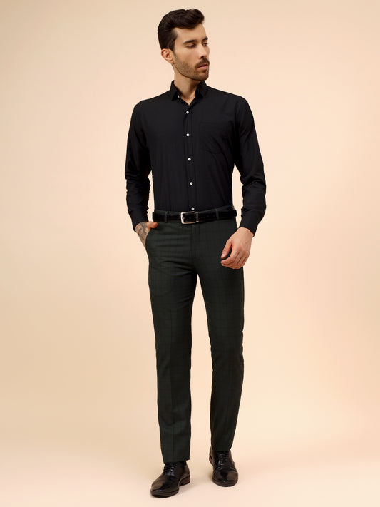 Men's Dark Green Checkered Non Plated Regular Fit Formal Trouser