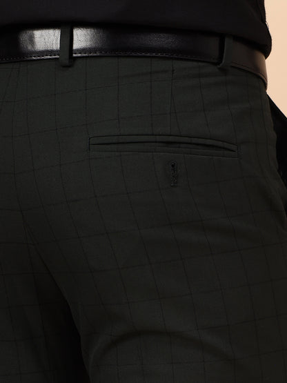 Men's Dark Green Checkered Non Plated Regular Fit Formal Trouser