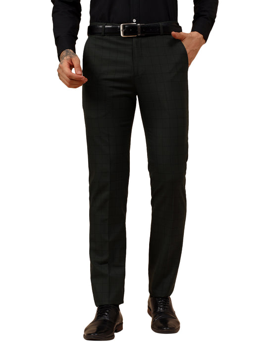 Men's Dark Green Checkered Non Plated Regular Fit Formal Trouser