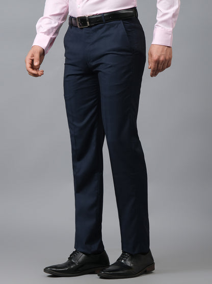 Men's Checkered Navy Blue Non Pleated Regular Fit Formal Trouser