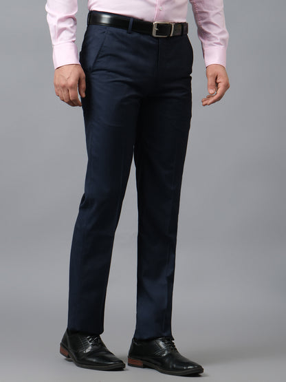 Men's Checkered Navy Blue Non Pleated Regular Fit Formal Trouser