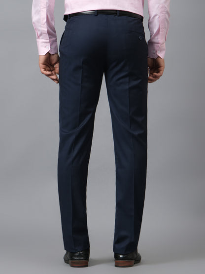 Men's Checkered Navy Blue Non Pleated Regular Fit Formal Trouser