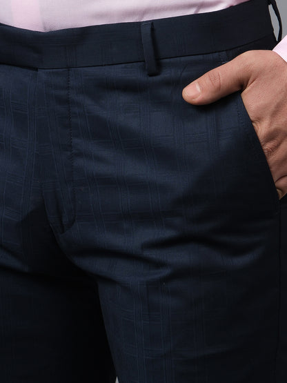 Men's Checkered Navy Blue Non Pleated Regular Fit Formal Trouser