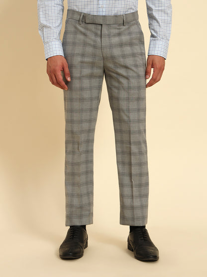 Men Gery Checkered Regular Fit Formal Trouser