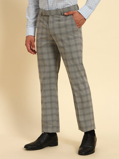 Men Gery Checkered Regular Fit Formal Trouser