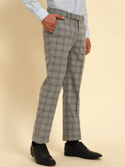 Men Gery Checkered Regular Fit Formal Trouser