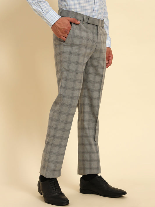 Men Gery Checkered Regular Fit Formal Trouser