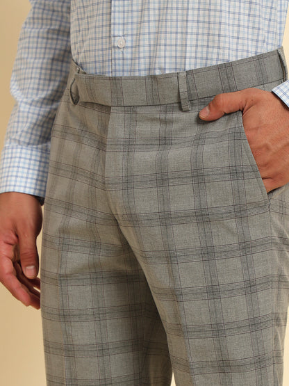 Men Gery Checkered Regular Fit Formal Trouser