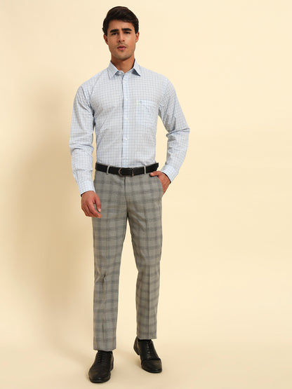 Men Gery Checkered Regular Fit Formal Trouser