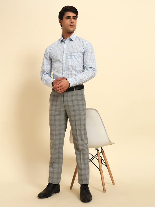 Men Gery Checkered Regular Fit Formal Trouser