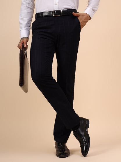 Men's Navy Blue Checkered Non Plated Regular Fit Formal Trouser