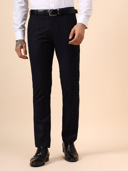 Men's Navy Blue Checkered Non Plated Regular Fit Formal Trouser