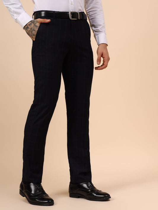 Men's Navy Blue Checkered Non Plated Regular Fit Formal Trouser