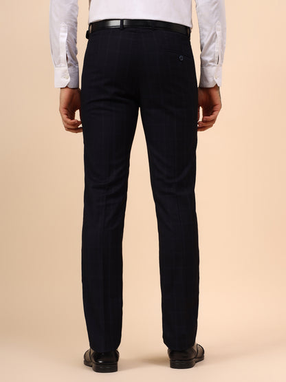 Men's Navy Blue Checkered Non Plated Regular Fit Formal Trouser