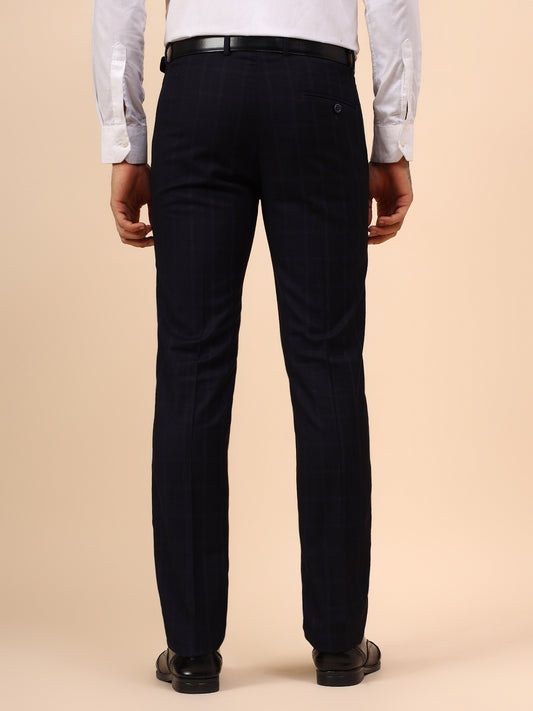 Men's Navy Blue Checkered Non Plated Regular Fit Formal Trouser
