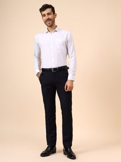 Men's Navy Blue Checkered Non Plated Regular Fit Formal Trouser