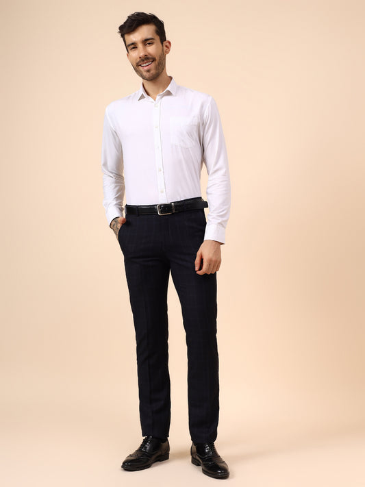 Men's Navy Blue Checkered Non Plated Regular Fit Formal Trouser