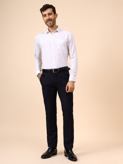 Men's Navy Blue Checkered Non Plated Regular Fit Formal Trouser